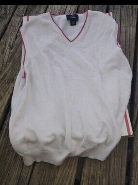 White Knit V-Neck Sweater Vest with Red Trim